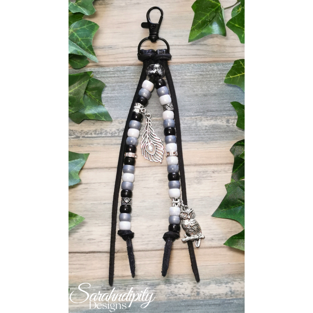 Saddle Charm - Black and white with Feather and Owl Charm
