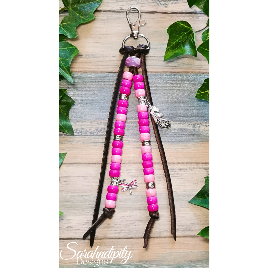 Saddle Charm - Pink with Feather and Dragonfly Charms