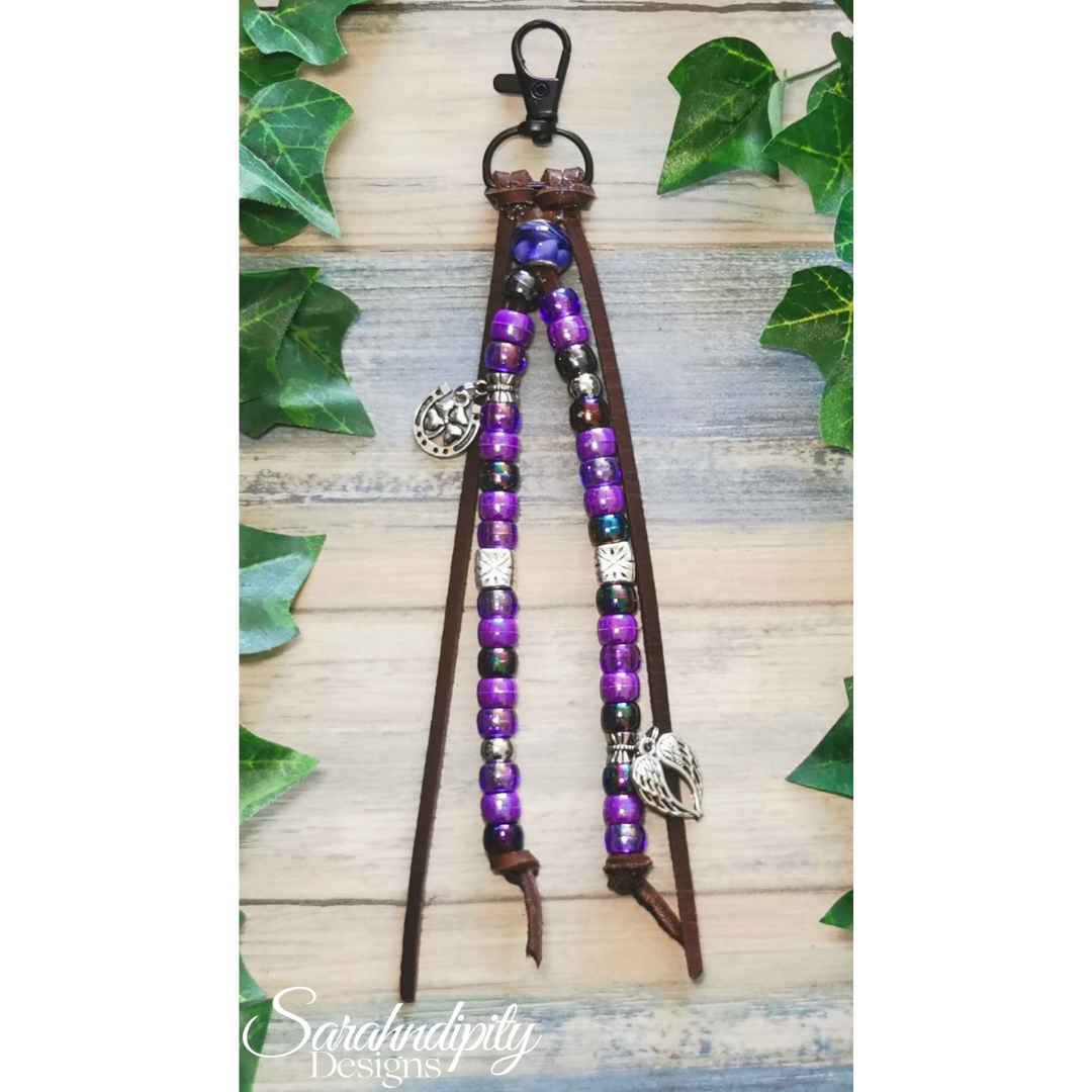 Saddle Charm - Purple and Black with Lucky Horse Shoe and Feather Charms