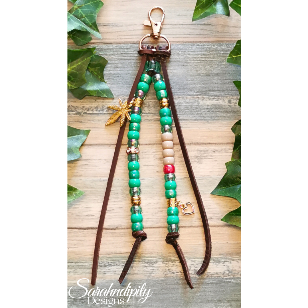 Saddle Charm - Weed Themed in Green with Pot Leaf and Heart Charms
