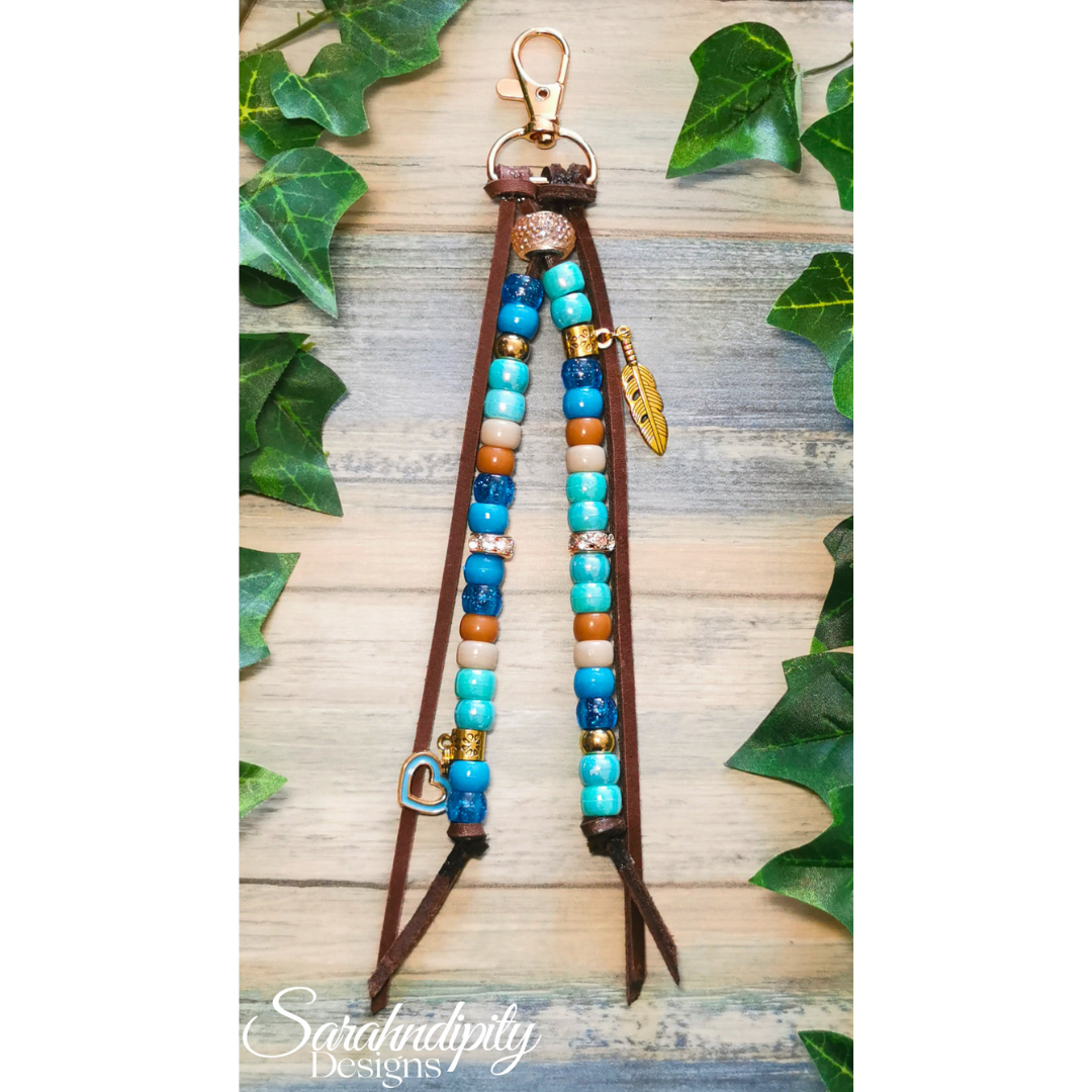 Saddle Charm - Turquoise and Brown with Feather and Heart Charm